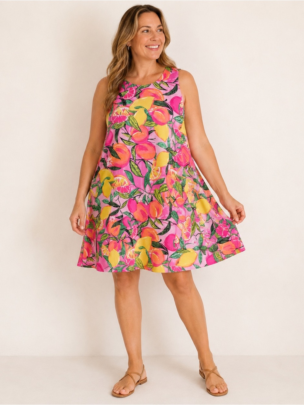 Pappagallo Pink Citrus Fruit Swing Dress L Tropical Resort Vacation Cruisewear